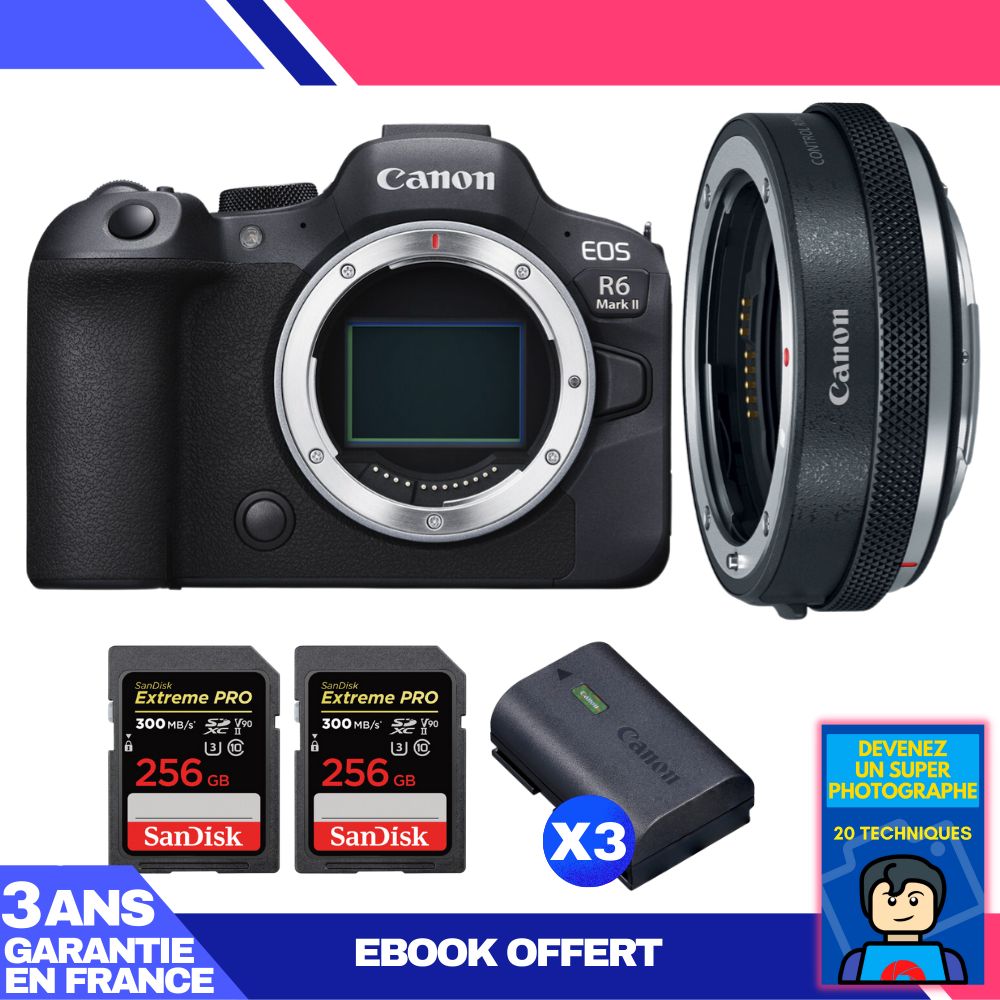Canon EOS R6 Mark II Camera Body + Canon EF-EOS R Adapter + 2 SanDisk 256GB Extreme PRO UHS-II SDXC Cards + 3 Canon LP-E6NH Batteries + 'Become a Super Photographer' Ebook