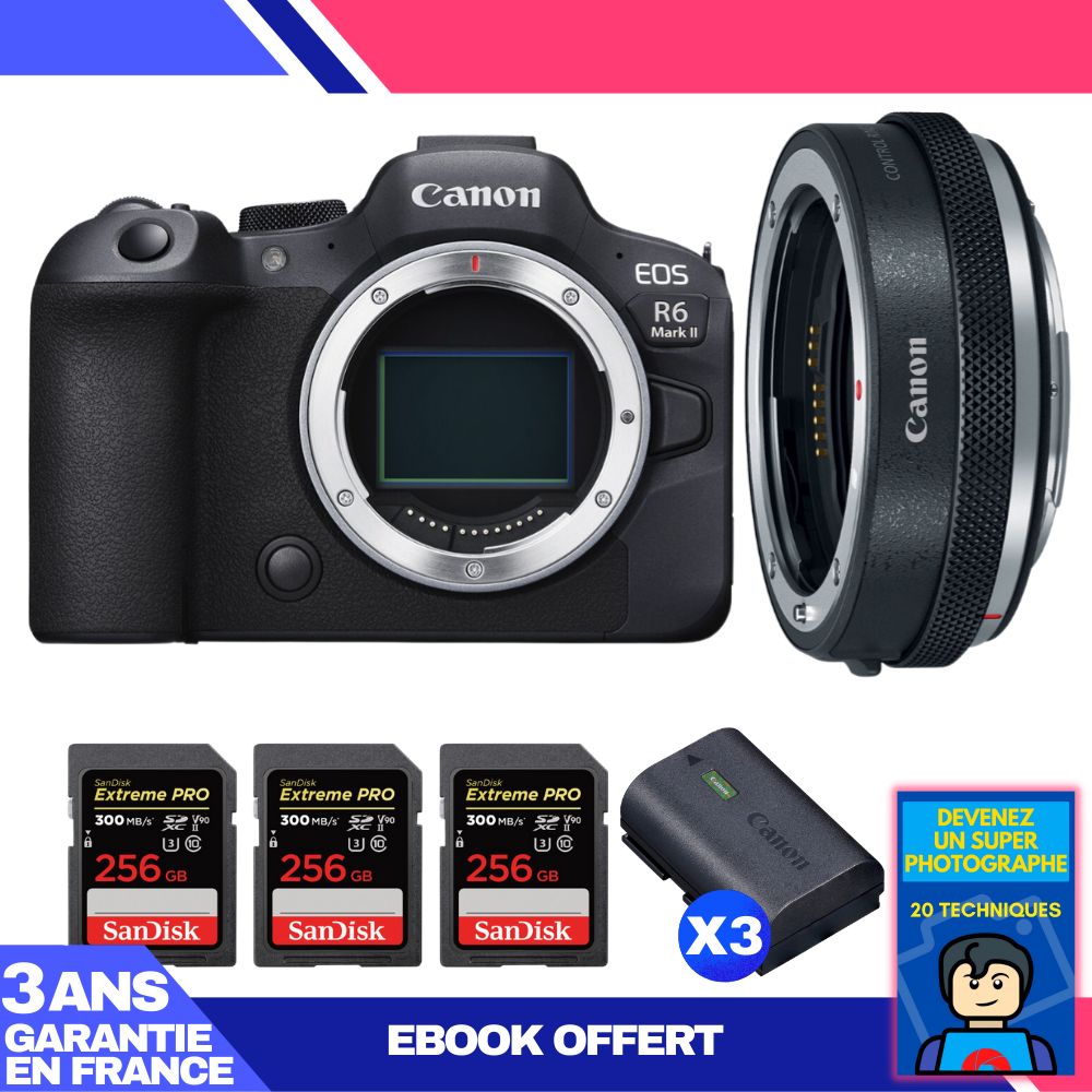 Kit de cámara Canon EOS R6 Mark II con adaptador EF-EOS R, tarjetas de memoria Sandisk y baterías