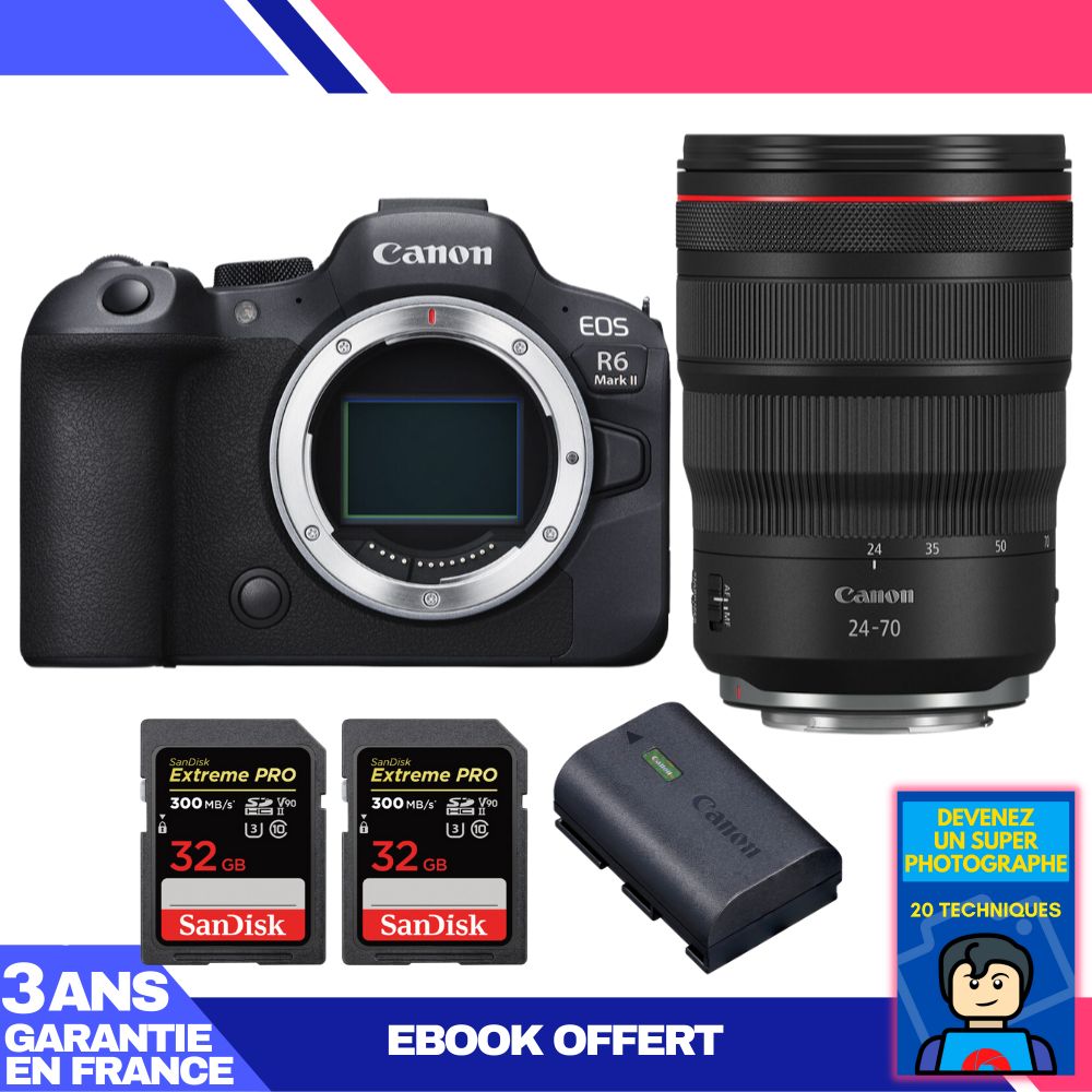 Canon EOS R6 Mark II + RF 24-70mm f/2.8 L IS USM + 2 SanDisk 32GB Extreme PRO UHS-II SDXC 300MB/s + Canon LP-E6NH + Ebook 'Devenez Un Super Photographe
