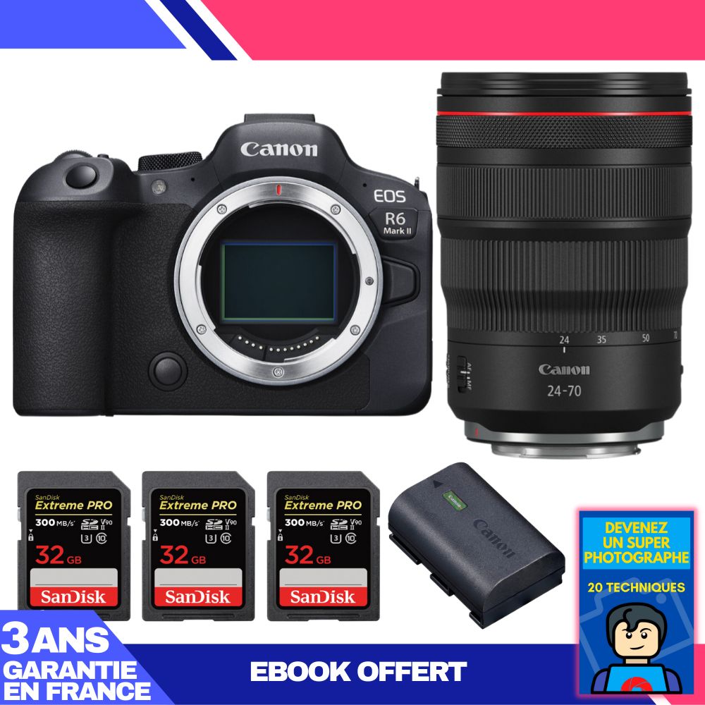Canon EOS R6 Mark II Kit with RF 24-70mm f/2.8 L IS USM Lens + 3 SanDisk 32GB Extreme PRO UHS-II SDXC Cards + Canon LP-E6NH