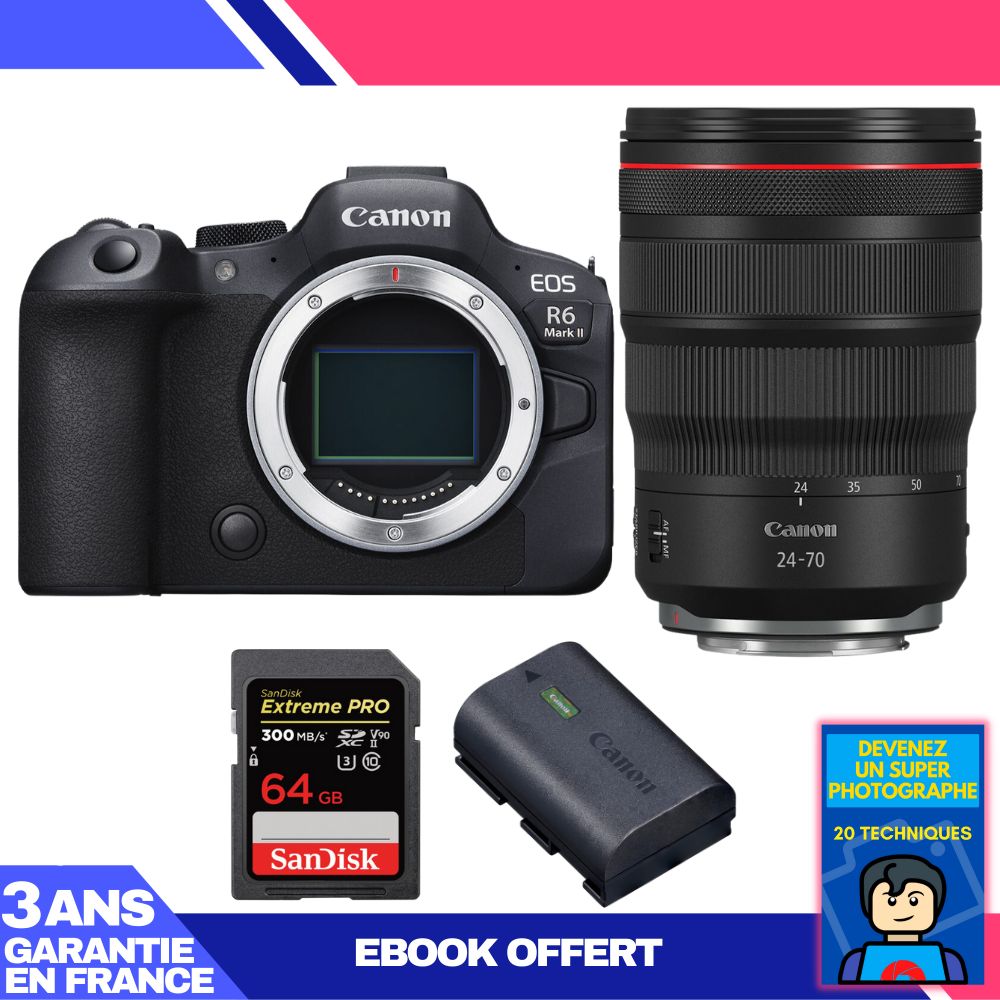 Canon EOS R6 Mark II Camera + RF 24-70mm f/2.8 L IS USM Lens + 1 SanDisk 64GB Extreme PRO UHS-II SDXC Card + 1 Canon LP-E6NH Battery (eBook 'Devenez Un Super Photographe included)