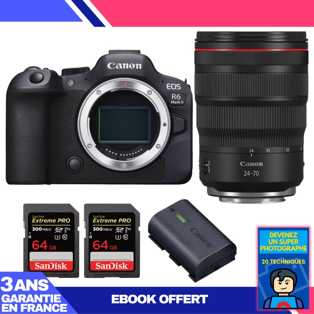 Canon EOS R6 Mark II + RF 24-70mm f/2.8 L IS USM Lens + 2 SanDisk 64GB Extreme PRO UHS-II SDXC Memory Cards + Canon LP-E6NH Battery + 'Become a Super Photographer' Ebook