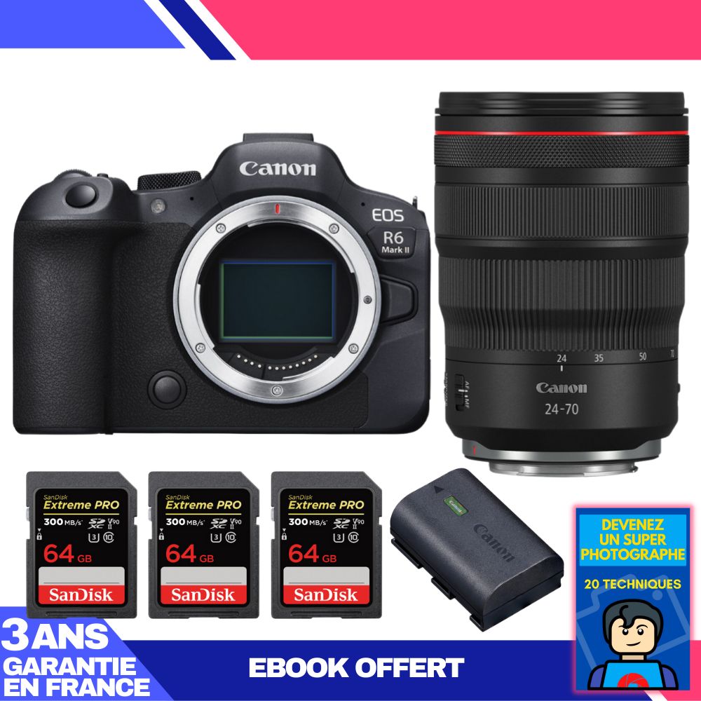 Canon EOS R6 Mark II Camera Kit with RF 24-70mm f/2.8 L IS USM Lens + 3 SanDisk 64GB Extreme PRO UHS-II SDXC Cards + LP-E6NH Battery + Ebook