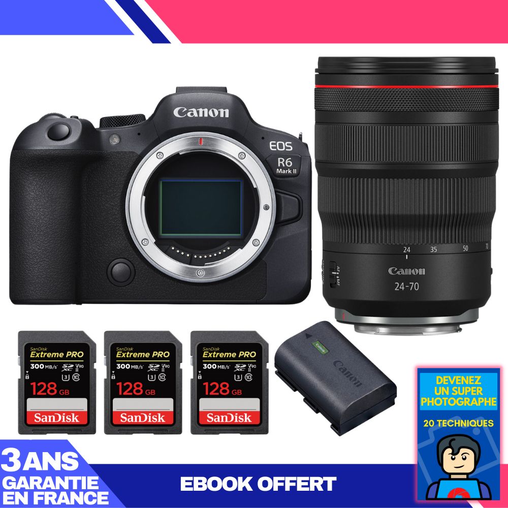 Canon EOS R6 Mark II + RF 24-70mm f/2.8 L IS USM + 3 SanDisk 128GB Extreme PRO UHS-II SDXC + Canon LP-E6NH