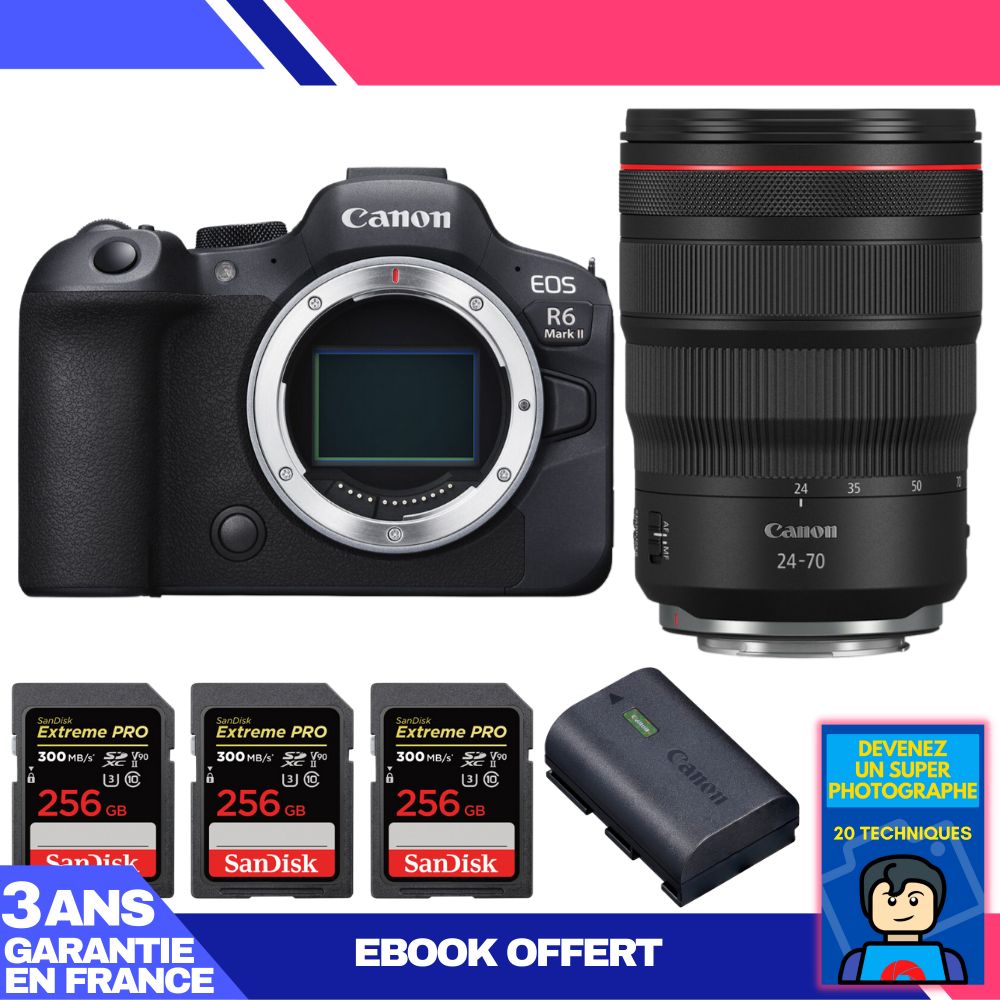 Canon EOS R6 Mark II Camera Kit with RF 24-70mm f/2.8 L IS USM Lens + 3 SanDisk 256GB Extreme PRO SD Cards + Canon LP-E6NH Battery + 'Become a Super Photographer' Ebook