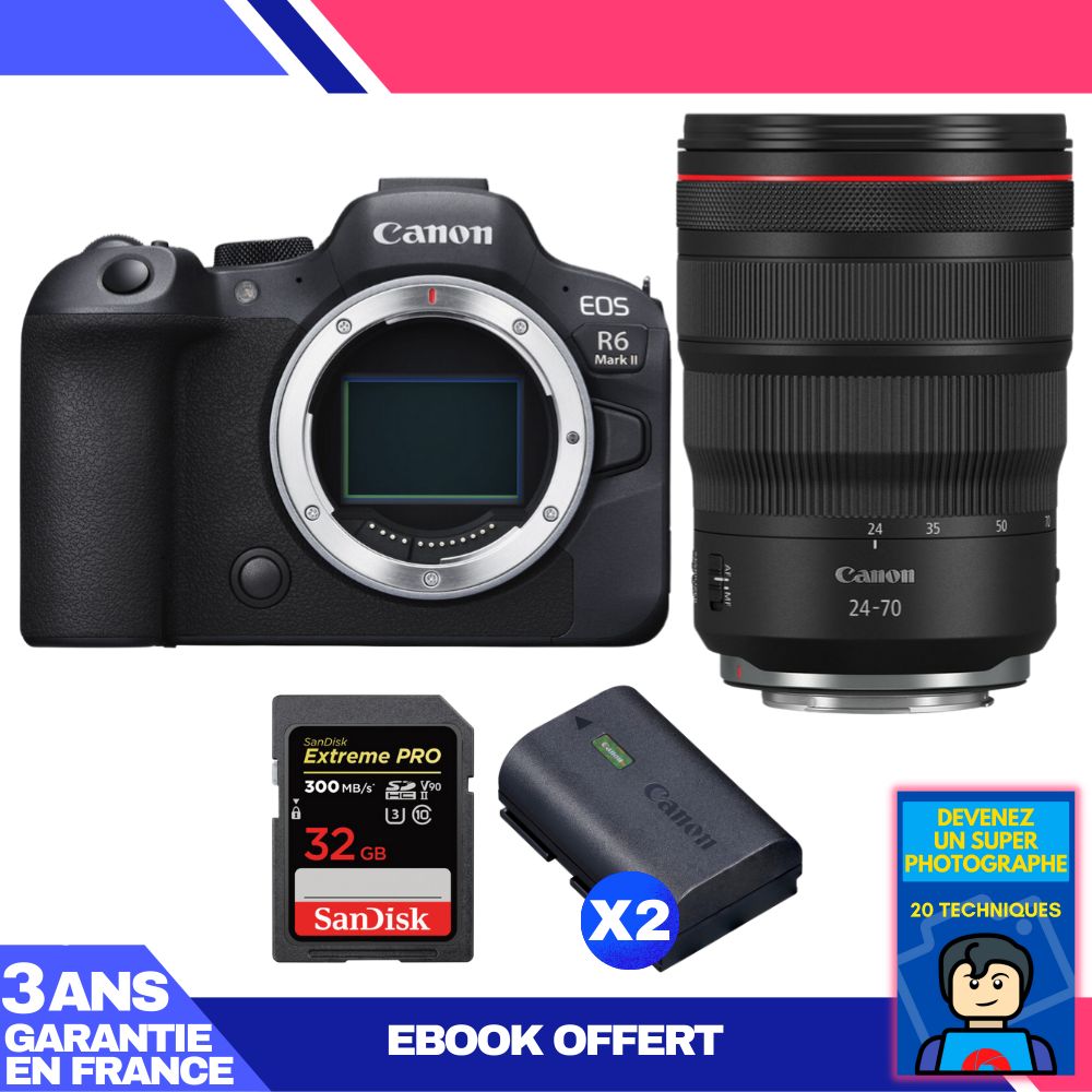 Canon EOS R6 Mark II + RF 24-70mm f/2.8 L IS USM Lens + 1 SanDisk 32GB Extreme PRO UHS-II SDXC Card + 2 Canon LP-E6NH Batteries + 'Become a Super Photographer' Ebook