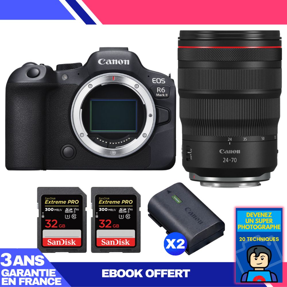 Canon EOS R6 Mark II Camera Kit with RF 24-70mm f/2.8 L IS USM Lens + 2 SanDisk 32GB Extreme PRO SD Cards + 2 Canon LP-E6NH Batteries + 'Become a Super Photographer' Ebook