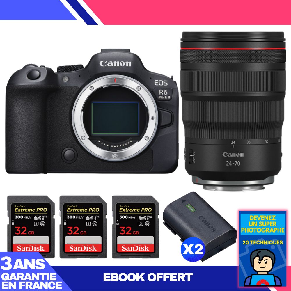 Canon EOS R6 Mark II Camera Kit with RF 24-70mm f/2.8 L IS USM Lens + 3 SanDisk 32GB Extreme PRO SD Cards + 2 Canon LP-E6NH Batteries + 'Become a Super Photographer' Ebook
