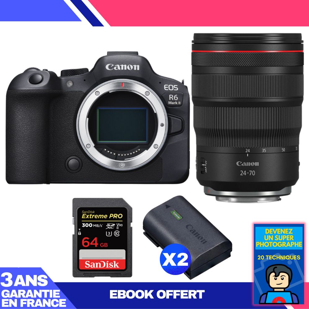 Canon EOS R6 Mark II + RF 24-70mm f/2.8 L IS USM + SanDisk 64GB Extreme PRO UHS-II SDXC 300MB/s + 2 Canon LP-E6NH