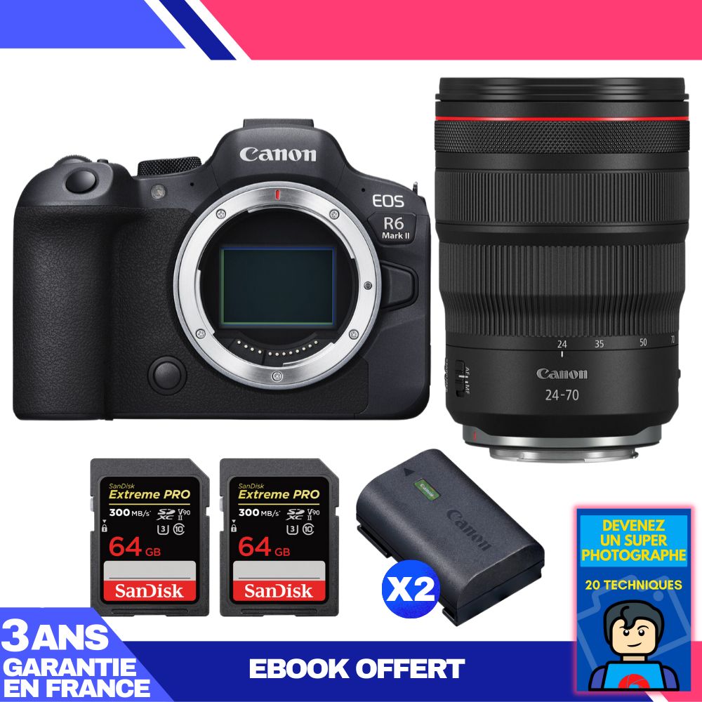Canon EOS R6 Mark II Camera Kit with RF 24-70mm f/2.8L IS USM Lens + 2x 64GB SanDisk Extreme PRO SDXC Cards + 2x Canon LP-E6NH Batteries + Ebook: 'Become a Super Photographer'