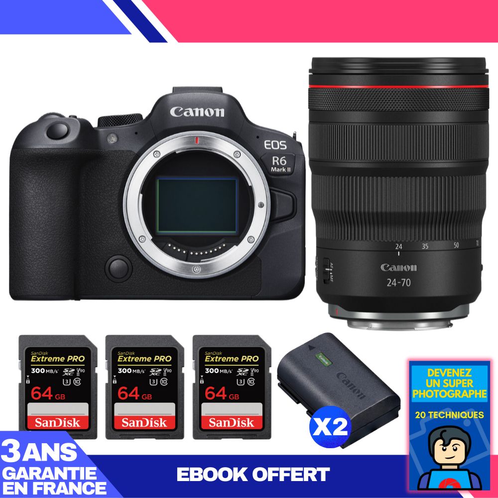 Canon EOS R6 Mark II + RF 24-70mm f/2.8 L IS USM Lens + 3 SanDisk 64GB Extreme PRO UHS-II SDXC Cards + 2 Canon LP-E6NH Batteries + 'Become a Super Photographer' Ebook