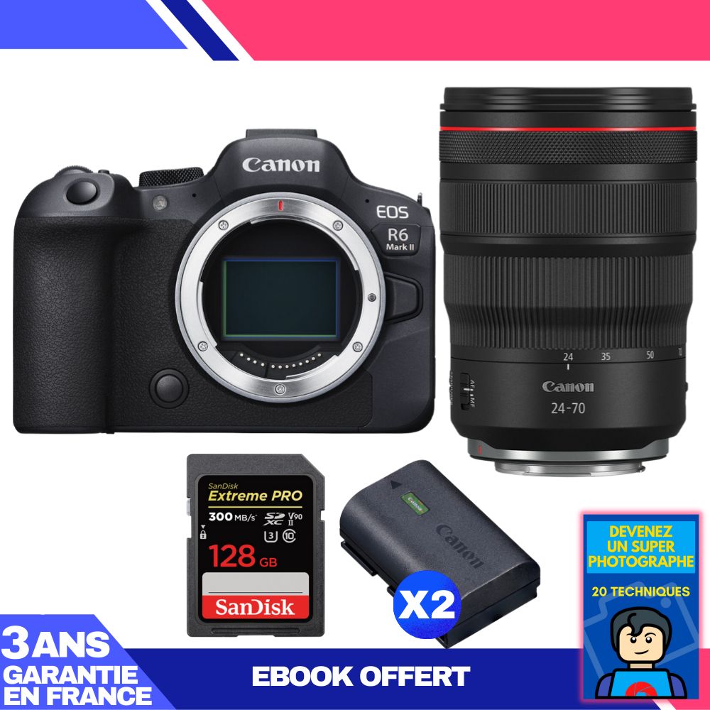 Canon EOS R6 Mark II + RF 24-70mm f/2.8 L IS USM Lens + 1 SanDisk 128GB Extreme PRO UHS-II SDXC Card + 2 Canon LP-E6NH Batteries + 'Become a Super Photographer' Ebook