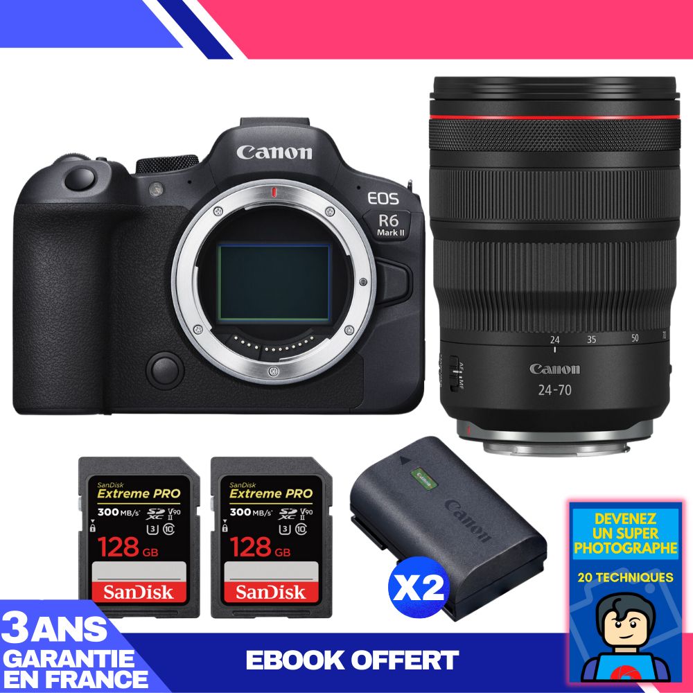 Canon EOS R6 Mark II + RF 24-70mm f/2.8 L IS USM Lens + 2x 128GB SanDisk Extreme PRO UHS-II SDXC Cards + 2x Canon LP-E6NH Batteries + 'Become a Super Photographer' Ebook
