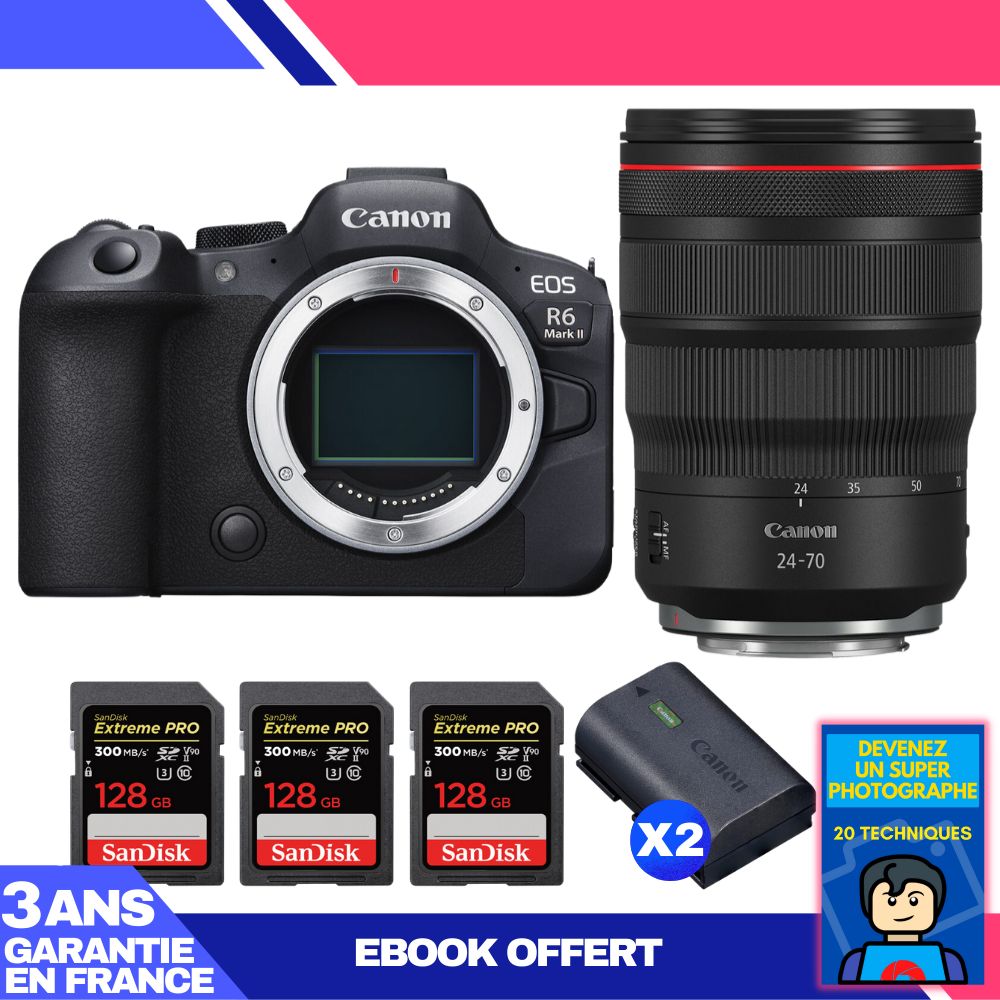 Canon EOS R6 Mark II + RF 24-70mm f/2.8 L IS USM + 3 SanDisk 128GB Extreme PRO UHS-II SDXC 300MB/s + 2 Canon LP-E6NH + Ebook 'Devenez Un Super Photographe'