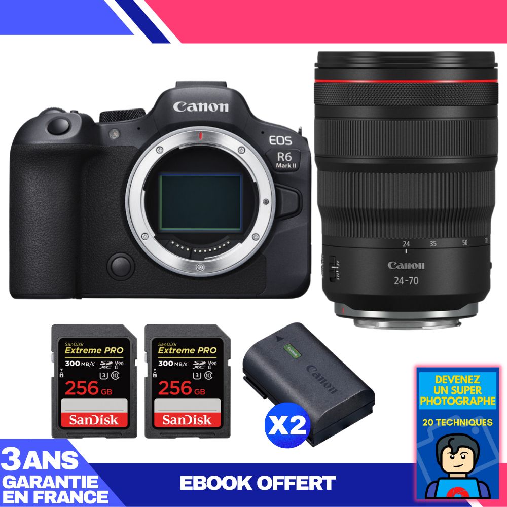 Canon EOS R6 Mark II + RF 24-70mm f/2.8 L IS USM + 2 SanDisk 256GB Extreme PRO UHS-II SDXC 300MB/s + 2 Canon LP-E6NH + Ebook 'Devenez Un Super Photographe
