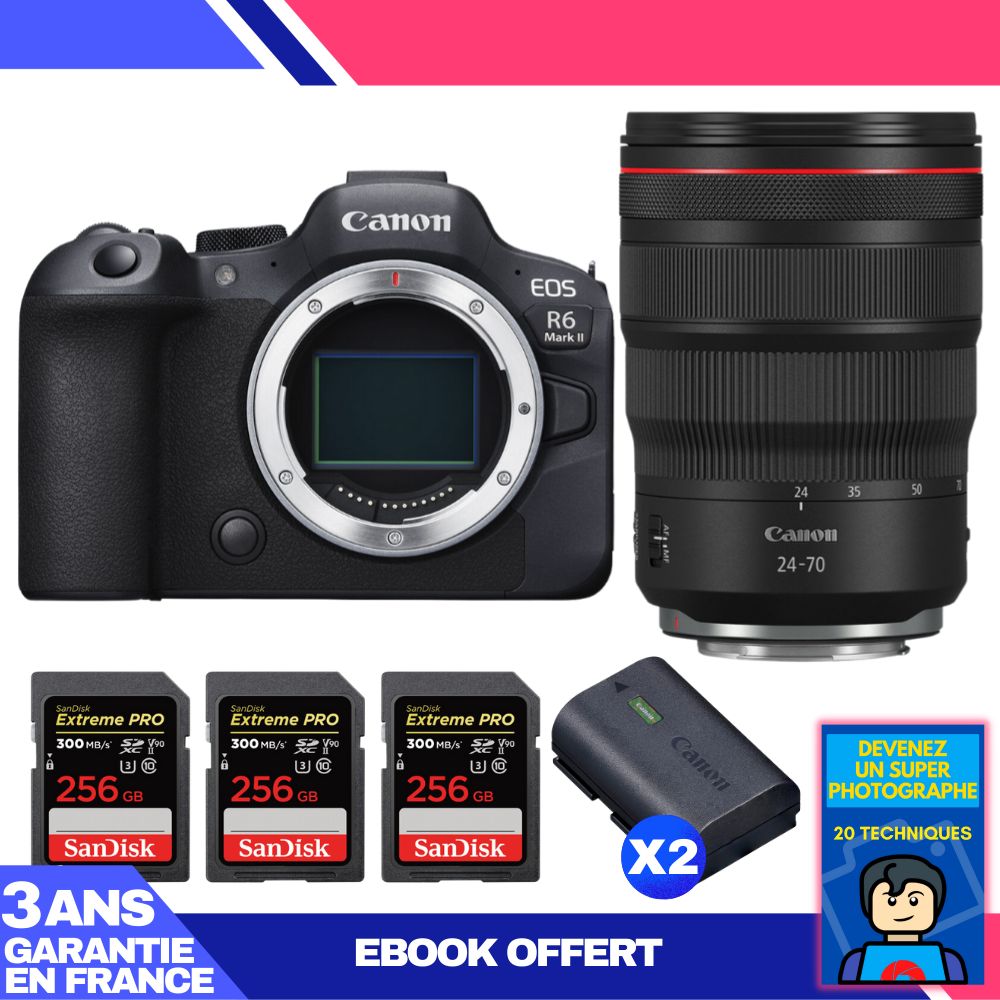 Canon EOS R6 Mark II Camera Kit with RF 24-70mm f/2.8 L IS USM Lens + 3 SanDisk 256GB Extreme PRO SD Cards + 2 Canon LP-E6NH Batteries + 'Become a Super Photographer' Ebook