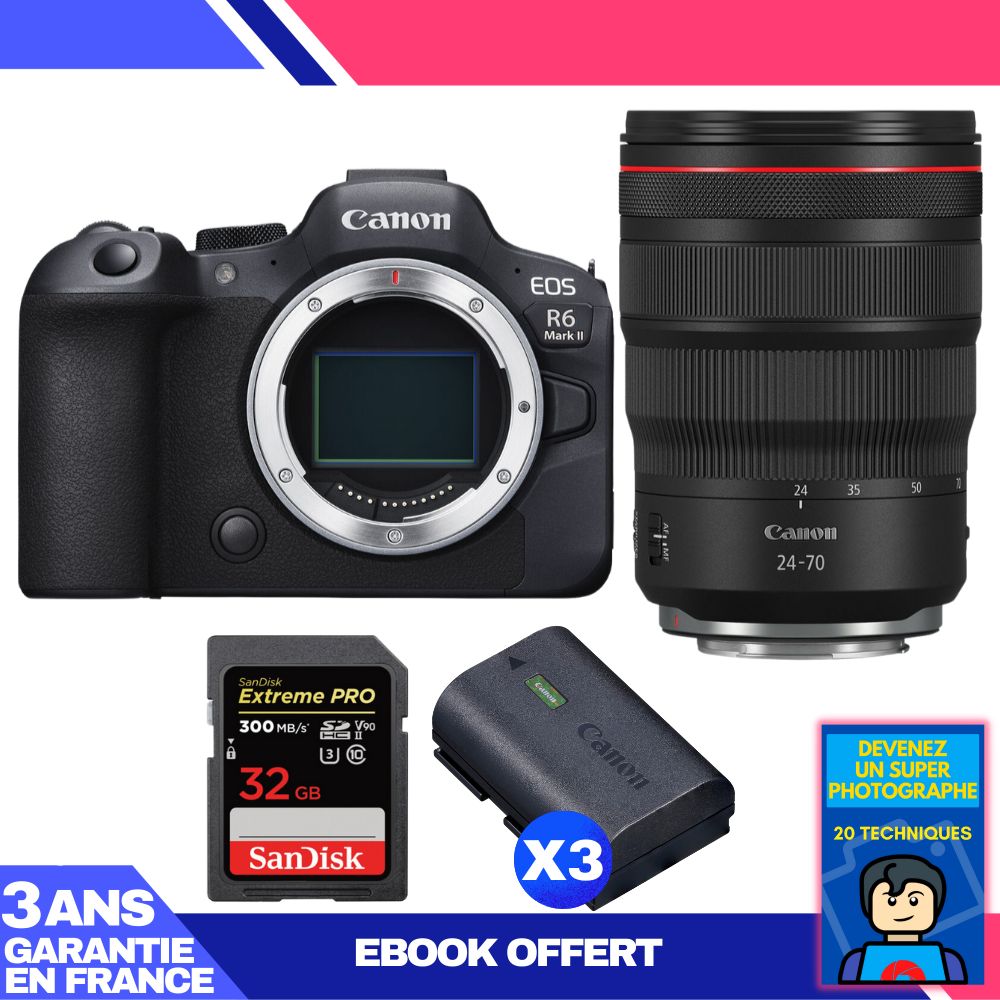 Canon EOS R6 Mark II + RF 24-70mm f/2.8 L IS USM + 1 SanDisk 32GB Extreme PRO UHS-II SDXC + 3 Canon LP-E6NH