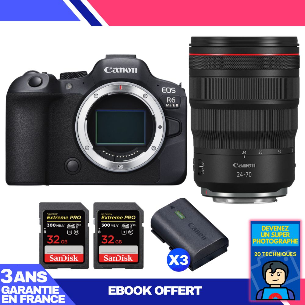 Canon EOS R6 Mark II + RF 24-70mm f/2.8 L IS USM Lens + 3x 32GB SanDisk Extreme PRO UHS-II SDXC Cards + 3 Canon LP-E6NH Batteries + 'Become a Super Photographer' Ebook