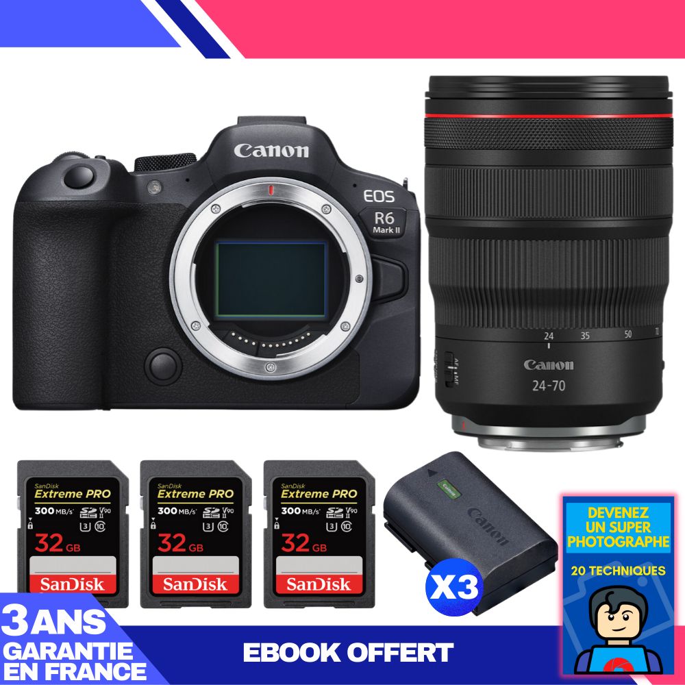 Canon EOS R6 Mark II + RF 24-70mm f/2.8 L IS USM Lens + 3 SanDisk 32GB Extreme PRO UHS-II SDXC Cards + 3 Canon LP-E6NH Batteries + Ebook: Become a Super Photographer