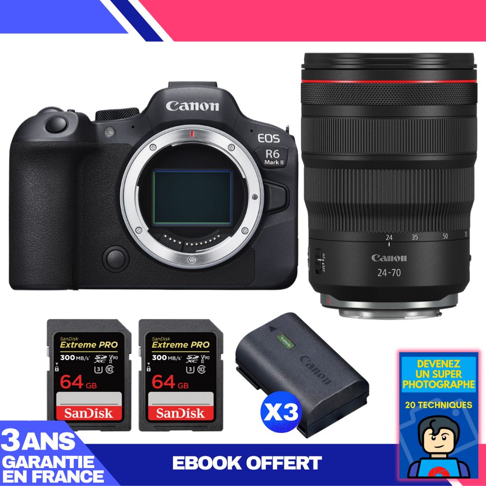 Canon EOS R6 Mark II Camera Kit with RF 24-70mm f/2.8 L IS USM Lens + 3x 64GB SanDisk Extreme PRO SD Cards + 3x Canon LP-E6NH Batteries + 'Become a Super Photographer' Ebook