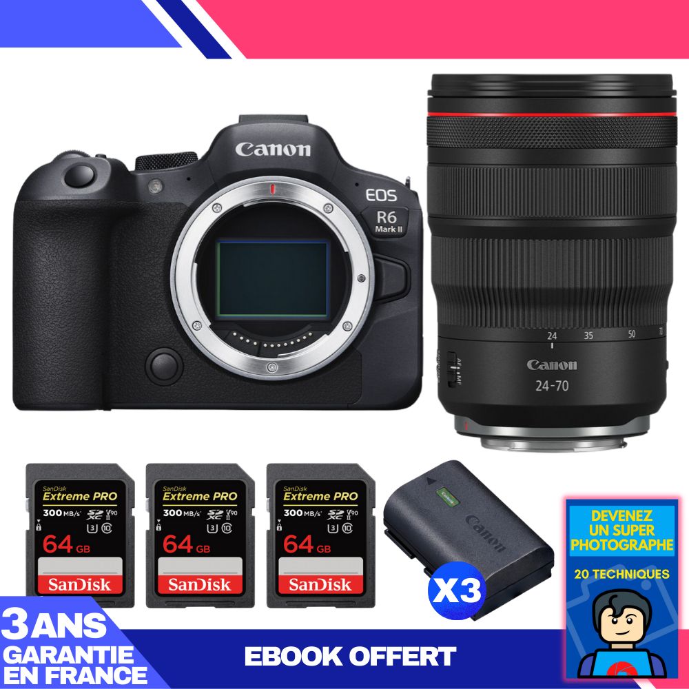 Canon EOS R6 Mark II + RF 24-70mm f/2.8 L IS USM + 3 SanDisk 64GB Extreme PRO UHS-II SDXC 300MB/s + 3 Canon LP-E6NH + Ebook 'Devenez Un Super Photographe