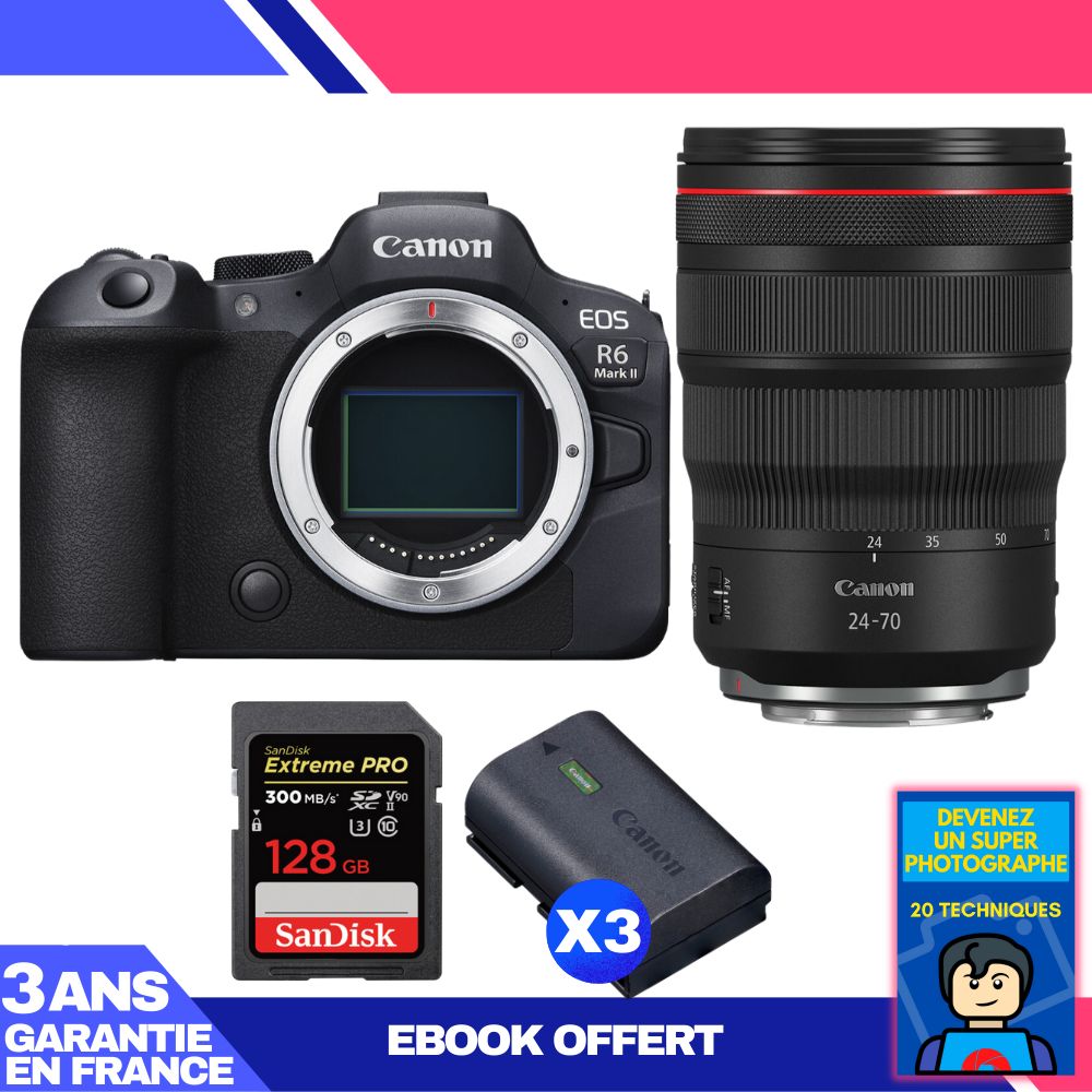 Canon EOS R6 Mark II + RF 24-70mm f/2.8 L IS USM Lens + 1 SanDisk 128GB Extreme PRO UHS-II SDXC Card + 3 Canon LP-E6NH Batteries + 'Become a Super Photographer' Ebook