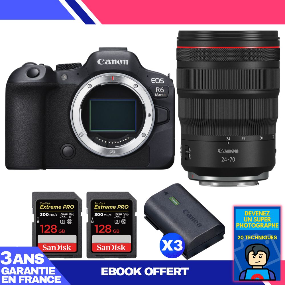 Canon EOS R6 Mark II Camera Kit with RF 24-70mm f/2.8 L IS USM Lens + 3x SanDisk 128GB Extreme PRO SD Cards + 3x Canon LP-E6NH Batteries + Ebook
