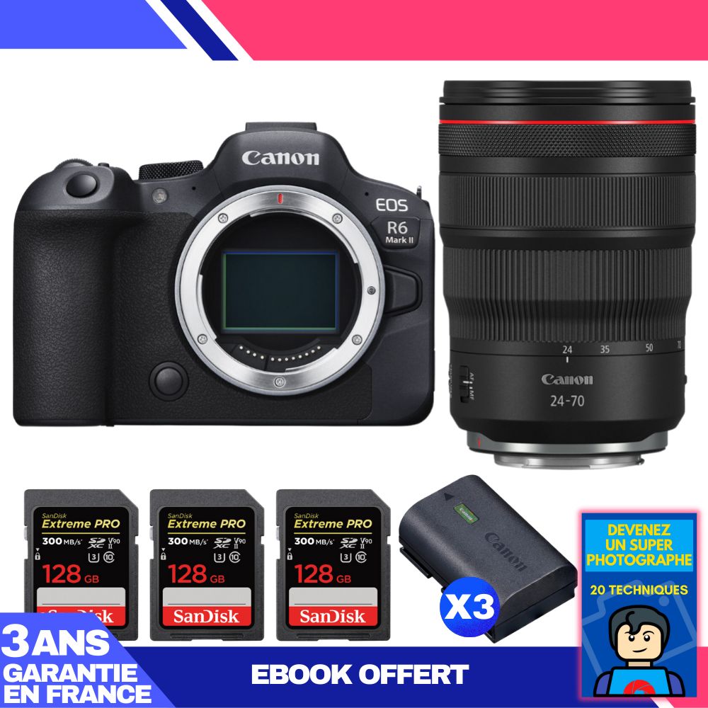 Canon EOS R6 Mark II + RF 24-70mm f/2.8 L IS USM Lens Kit + 3 SanDisk 128GB Extreme PRO UHS-II SDXC Cards + 3 Canon LP-E6NH Batteries + 'Become a Super Photographer' Ebook