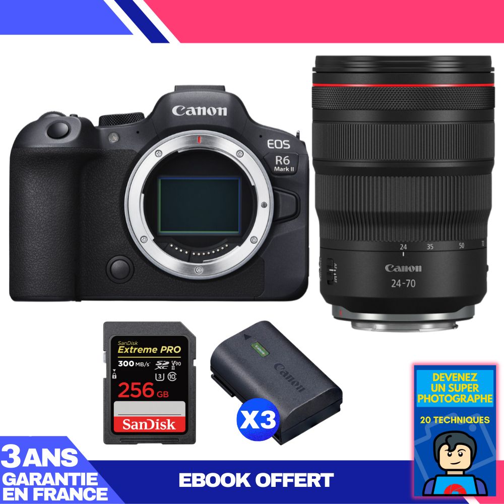 Canon EOS R6 Mark II + RF 24-70mm f/2.8 L IS USM Lens + 1 SanDisk 256GB Extreme PRO UHS-II SDXC Card + 3 Canon LP-E6NH Batteries + 'Become a Super Photographer' Ebook