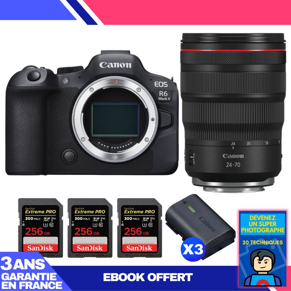 Canon EOS R6 Mark II + RF 24-70mm f/2.8 L IS USM + 3 SanDisk 256GB Extreme PRO UHS-II SDXC + 3 Canon LP-E6NH