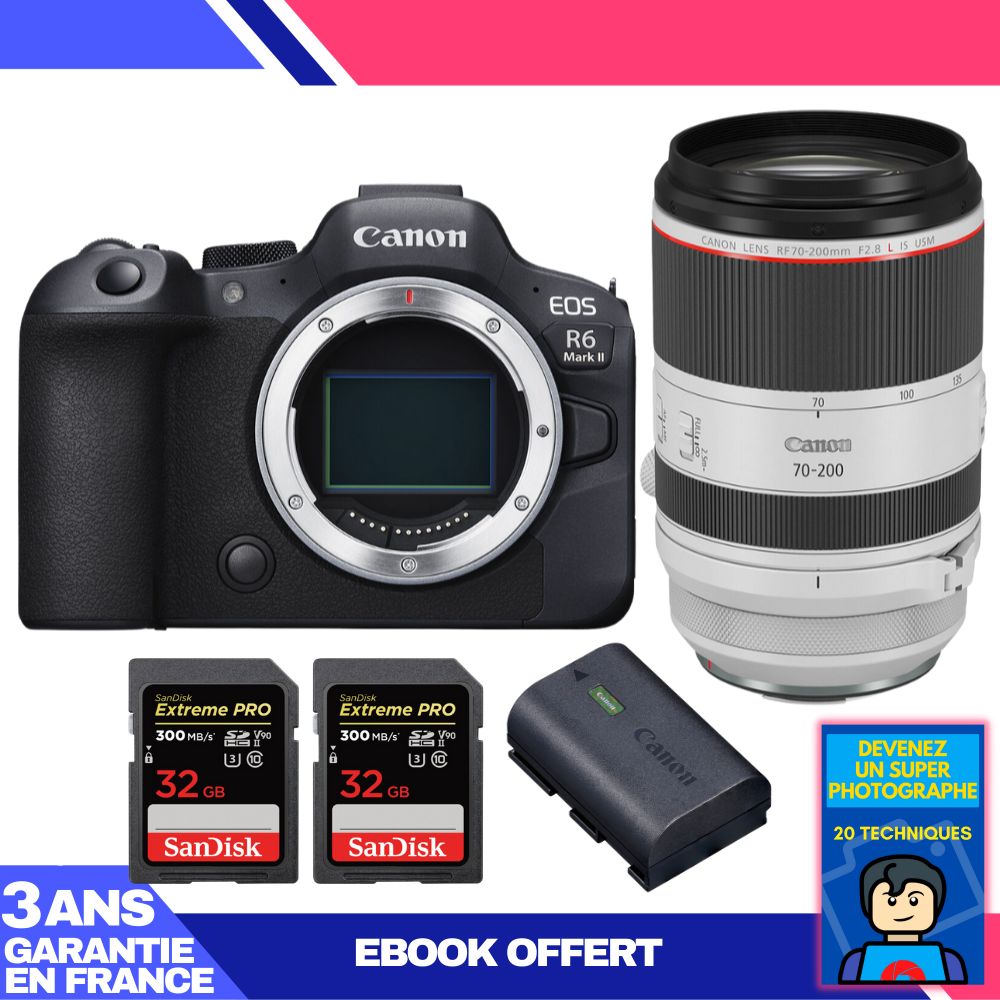 Canon EOS R6 Mark II Kit with RF 70-200mm f/2.8 L IS USM + 2 SanDisk 32GB Extreme PRO UHS-II SDXC 300MB/s + Canon LP-E6NH + Ebook 'Become a Super Photographer'