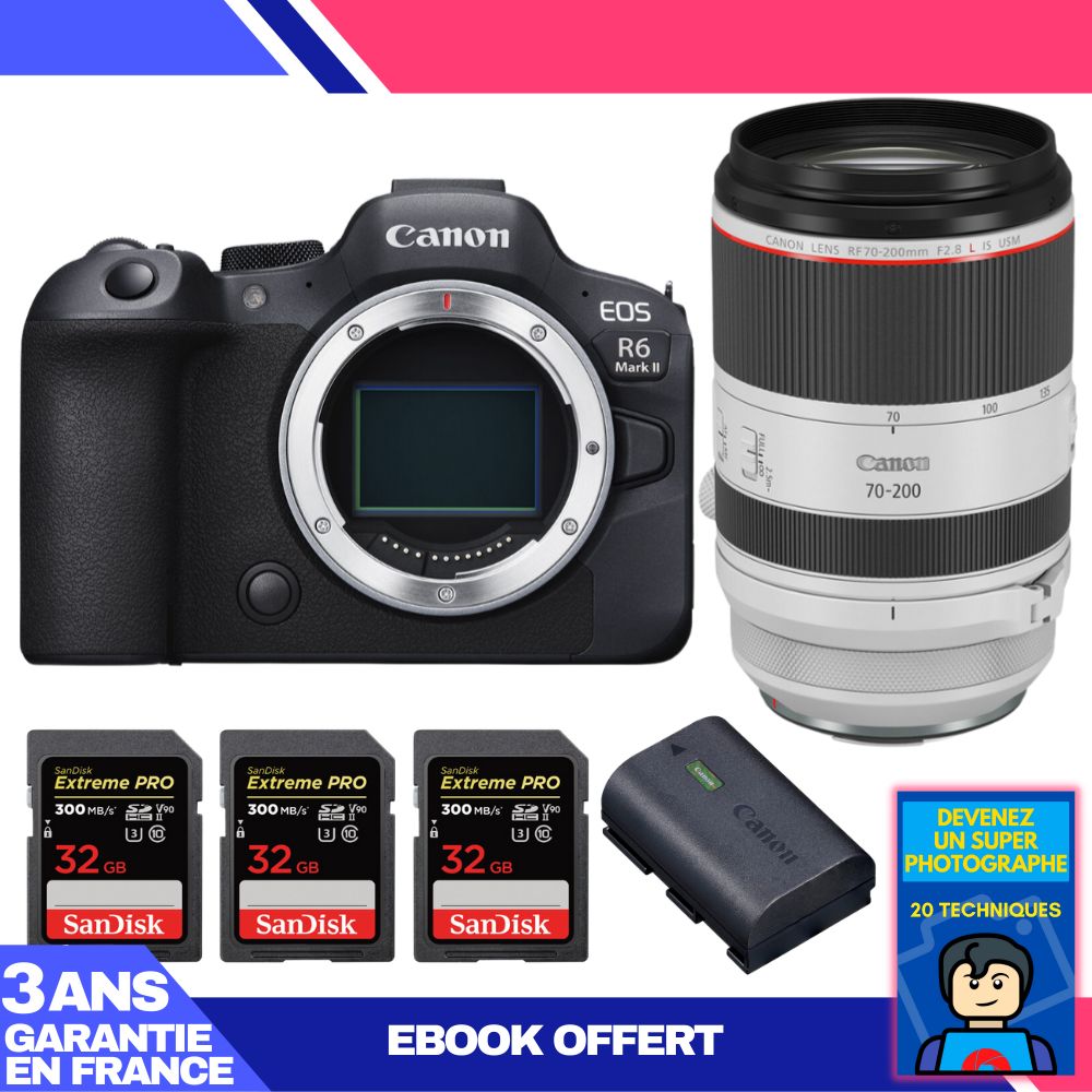 Canon EOS R6 Mark II + RF 70-200mm f/2.8 L IS USM + 3 SanDisk 32GB Extreme PRO UHS-II SDXC 300 MB/s + 1 Canon LP-E6NH + Ebook 'Devenez Un Super Photographe