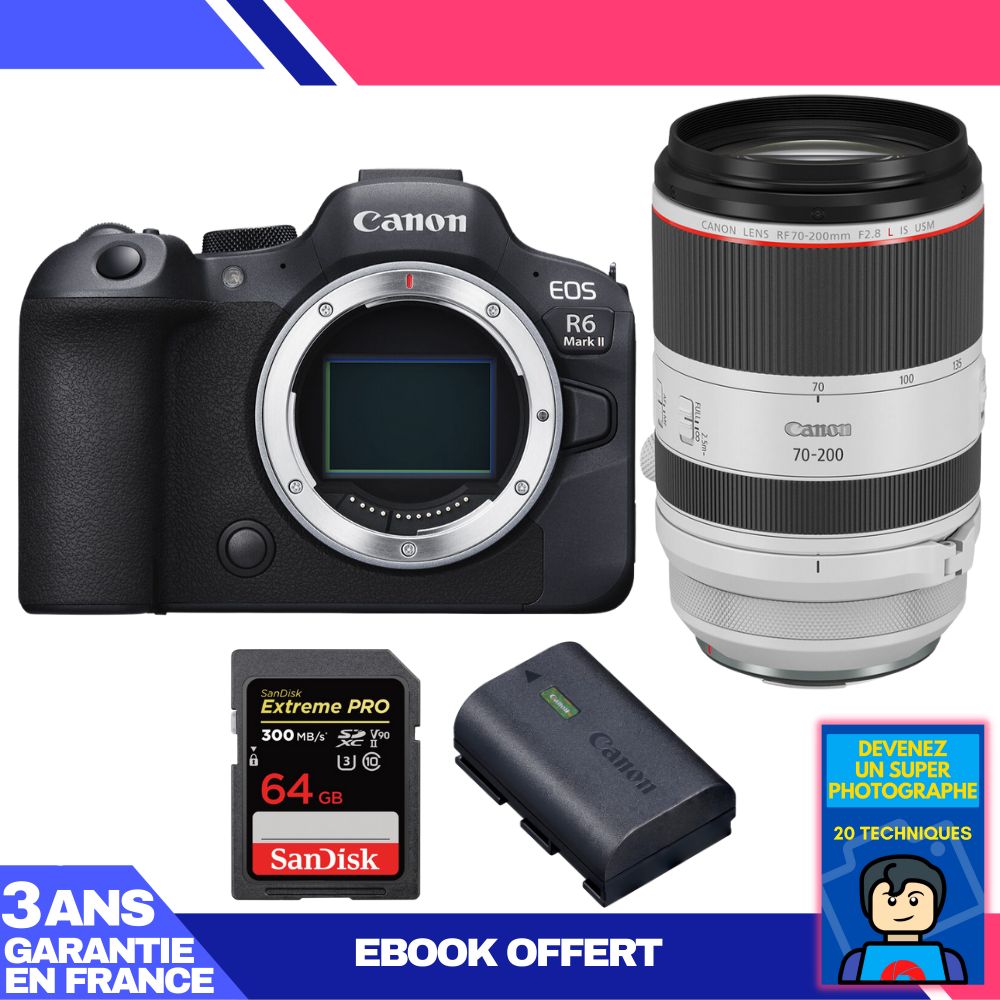 Canon EOS R6 Mark II + RF 70-200mm f/2.8 L IS USM Lens + 1x 64GB SanDisk Extreme PRO UHS-II SDXC Card + 1x Canon LP-E6NH Battery + 'Become a Super Photographer' Ebook