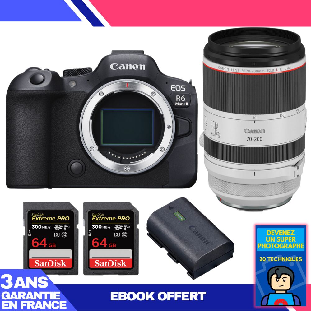 Canon EOS R6 Mark II + RF 70-200mm f/2.8 L IS USM Lens + 2 SanDisk 64GB Extreme PRO UHS-II SDXC Cards + Canon LP-E6NH Battery + Ebook 'Become a Super Photographer'