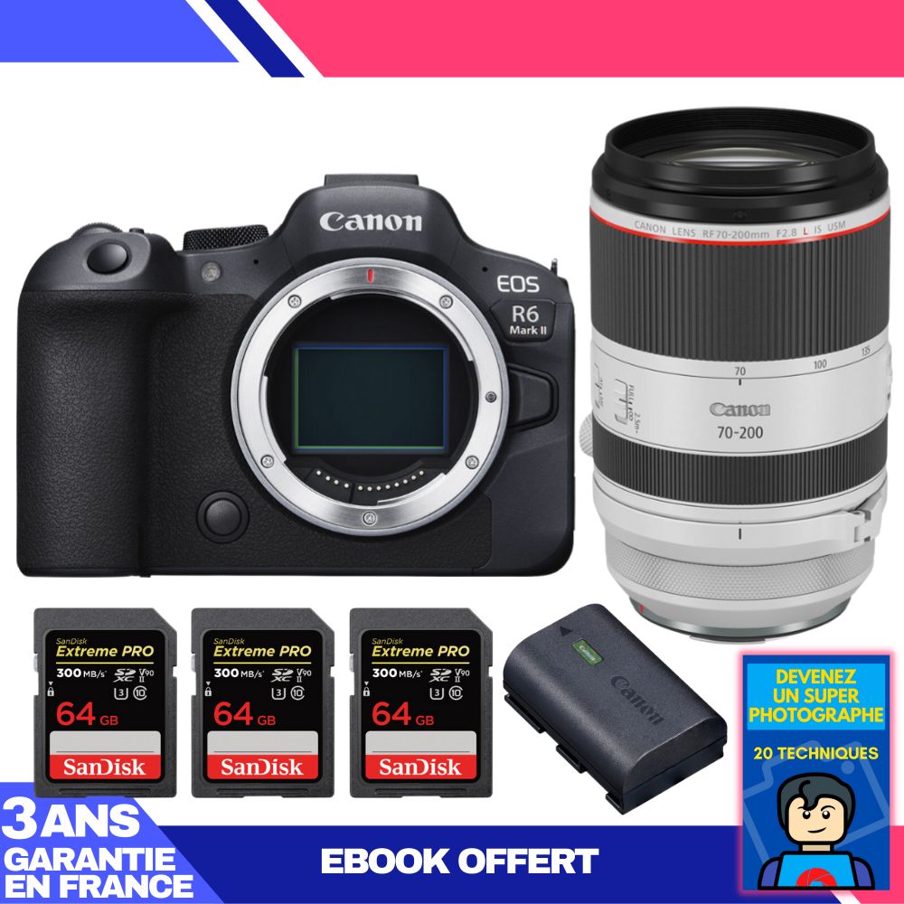 Canon EOS R6 Mark II + RF 70-200mm f/2.8 L IS USM Lens + 3 SanDisk 64GB Extreme PRO UHS-II SDXC Cards + Canon LP-E6NH Battery + 'Become a Super Photographer' Ebook