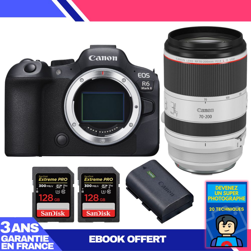 Canon EOS R6 Mark II + RF 70-200mm f/2.8 L IS USM Lens + 2 SanDisk 128GB Extreme PRO UHS-II SDXC Cards + Canon LP-E6NH Battery + 'Become a Super Photographer' Ebook