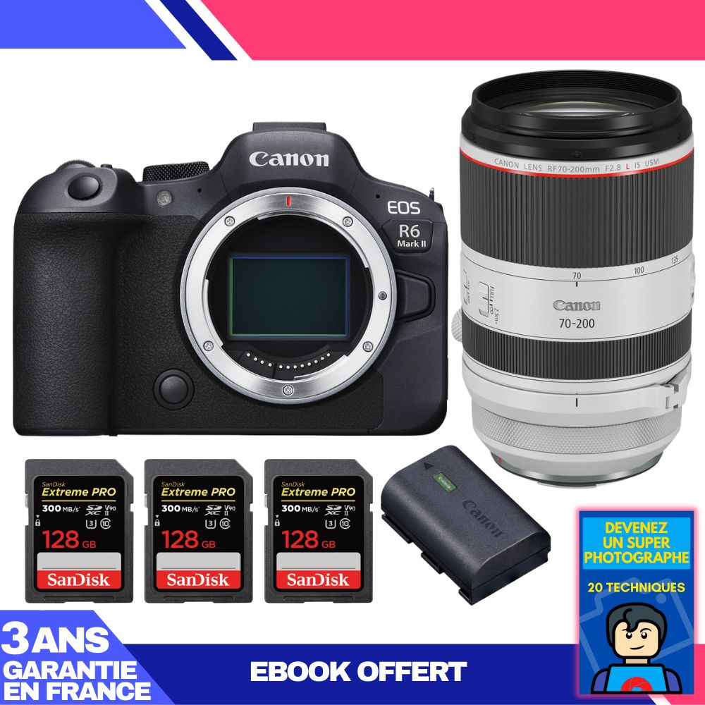 Canon EOS R6 Mark II Kit with RF 70-200mm f/2.8 L IS USM and 3x SanDisk 128GB Extreme PRO UHS-II SDXC Cards
