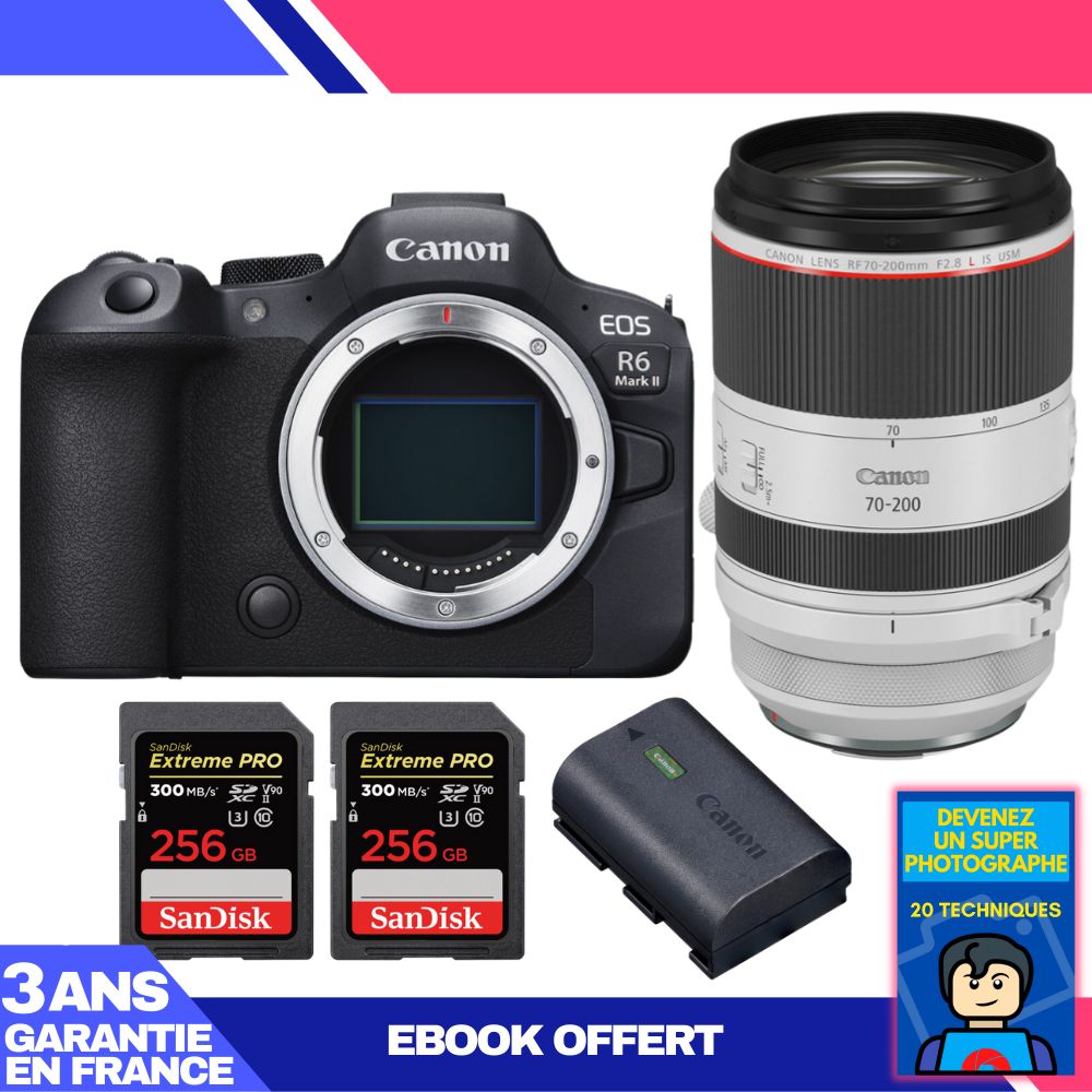 Canon EOS R6 Mark II + RF 70-200mm f/2.8 L IS USM + 2 SanDisk 256GB Extreme PRO UHS-II SDXC Cards + Canon LP-E6NH Battery + 'Become a Super Photographer' Ebook