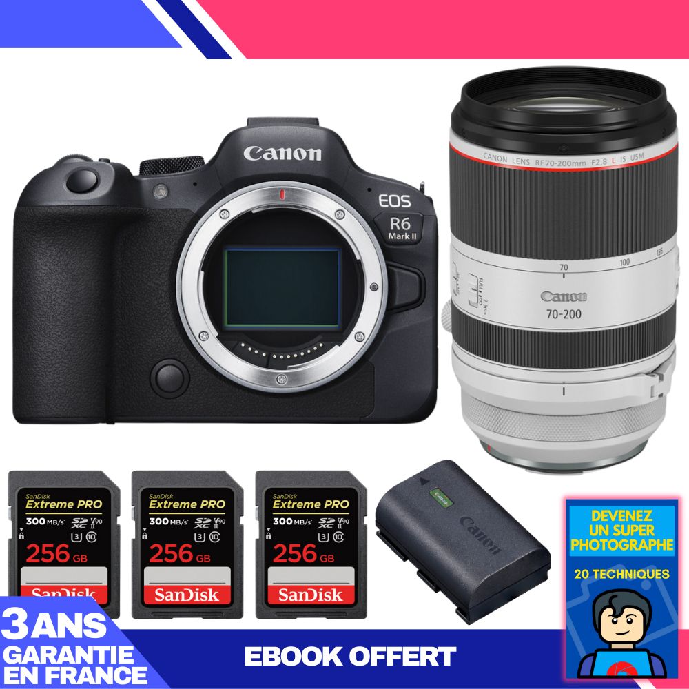 Canon EOS R6 Mark II + RF 70-200mm f/2.8 L IS USM Lens + 3 SanDisk 256GB Extreme PRO UHS-II SDXC Cards + Canon LP-E6NH Battery + 'Become a Super Photographer' Ebook
