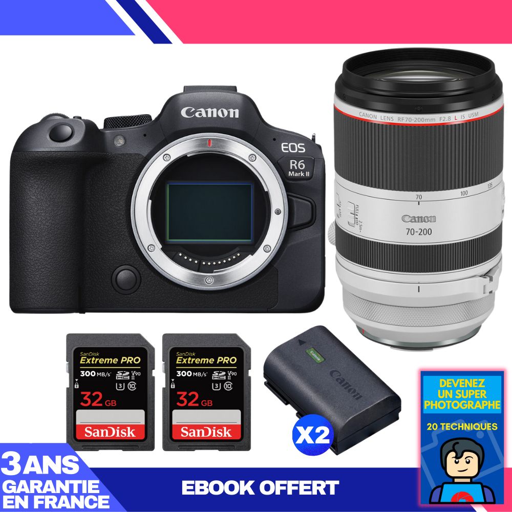 Canon EOS R6 Mark II Kit with RF 70-200mm f/2.8 L IS USM and 2x SanDisk 32GB Extreme PRO UHS-II SDXC Cards