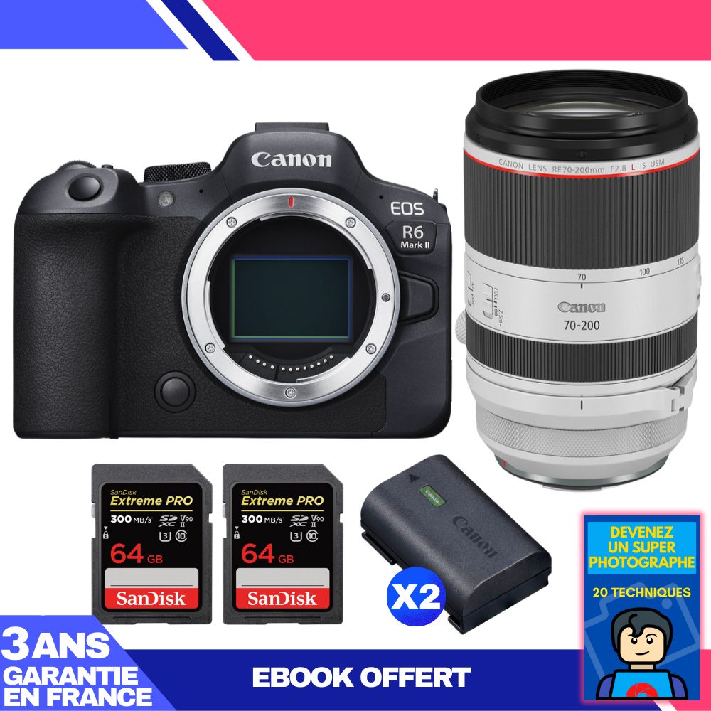 Canon EOS R6 Mark II Kit with RF 70-200mm f/2.8 L IS USM and 2x SanDisk 64GB Extreme PRO UHS-II SDXC Cards