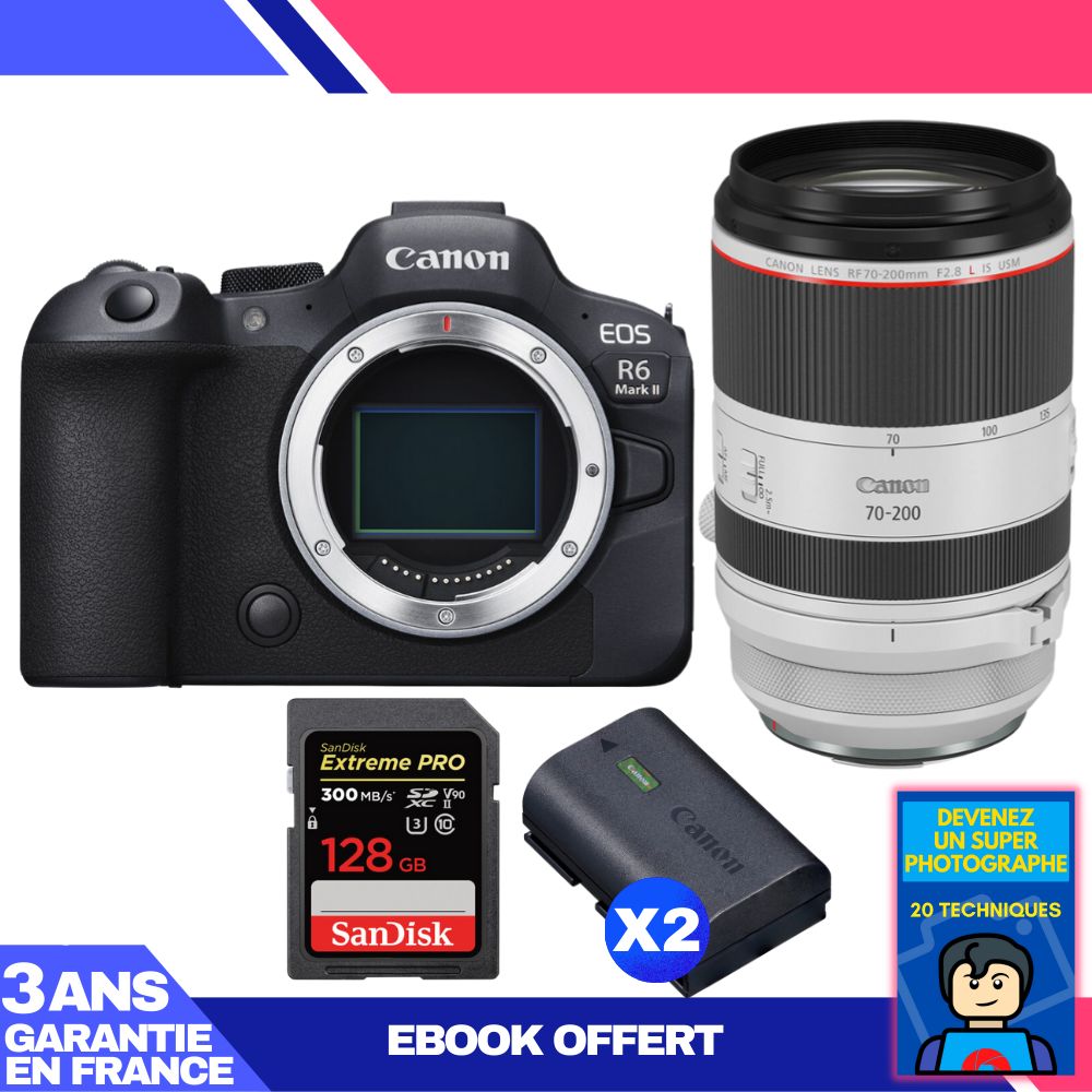 Canon EOS R6 Mark II + RF 70-200mm f/2.8 L IS USM Lens + 1 SanDisk 128GB Extreme PRO UHS-II SDXC Card + 2 Canon LP-E6NH Batteries + Ebook 'Become a Super Photographer'