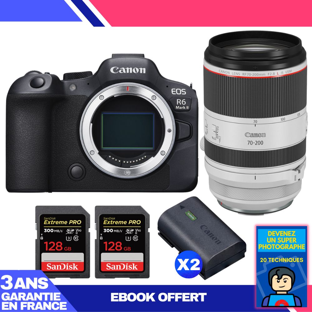Canon EOS R6 Mark II + RF 70-200mm f/2.8 L IS USM Lens + 2 SanDisk 128GB Extreme PRO UHS-II SDXC Cards + 2 Canon LP-E6NH Batteries + 'Become a Super Photographer' Ebook