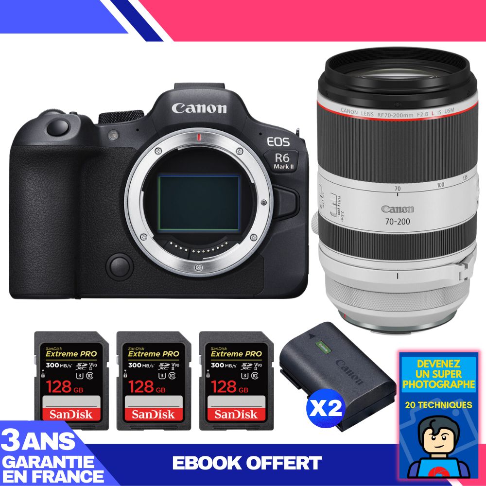 Canon EOS R6 Mark II Kit with RF 70-200mm f/2.8 L IS USM and 3x SanDisk 128GB Extreme PRO UHS-II SDXC Cards