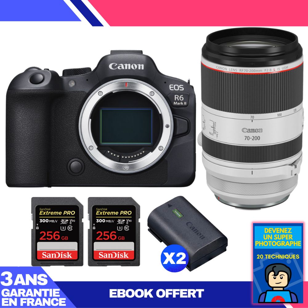Canon EOS R6 Mark II Kit with RF 70-200mm f/2.8 L IS USM and 2x SanDisk 256GB Extreme PRO UHS-II SDXC Cards