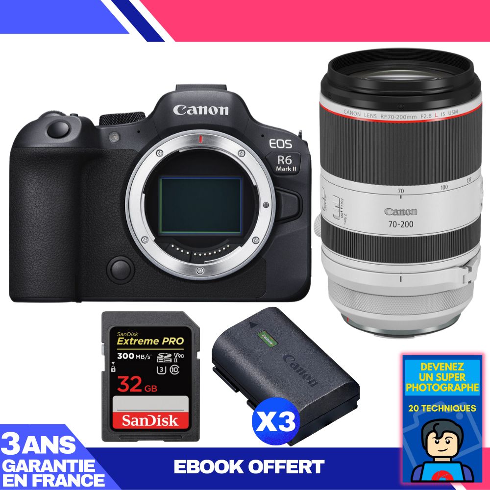 Canon EOS R6 Mark II Kit with RF 70-200mm f/2.8 L IS USM and SanDisk 32GB Extreme PRO SDXC Card + 3 Canon LP-E6NH