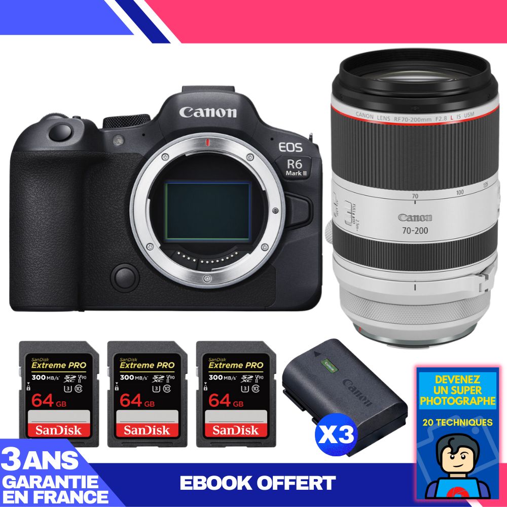 Canon EOS R6 Mark II Kit with RF 70-200mm f/2.8 L IS USM and 3 SanDisk 64GB Extreme PRO UHS-II SDXC Cards
