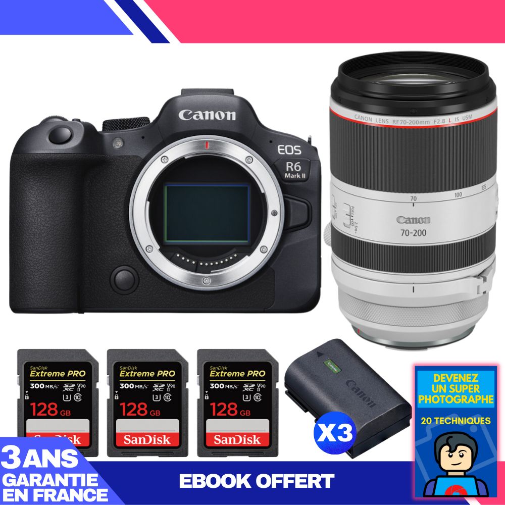 Canon EOS R6 Mark II Kit with RF 70-200mm f/2.8 L IS USM and 3x 128GB SanDisk Extreme PRO UHS-II SDXC Cards