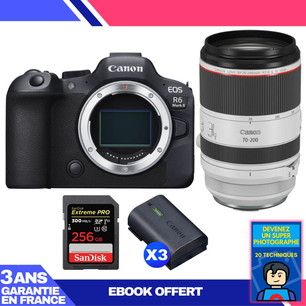 Canon EOS R6 Mark II + RF 70-200mm f/2.8 L IS USM + SanDisk 256GB Extreme PRO UHS-II SDXC Card + 3 Canon LP-E6NH