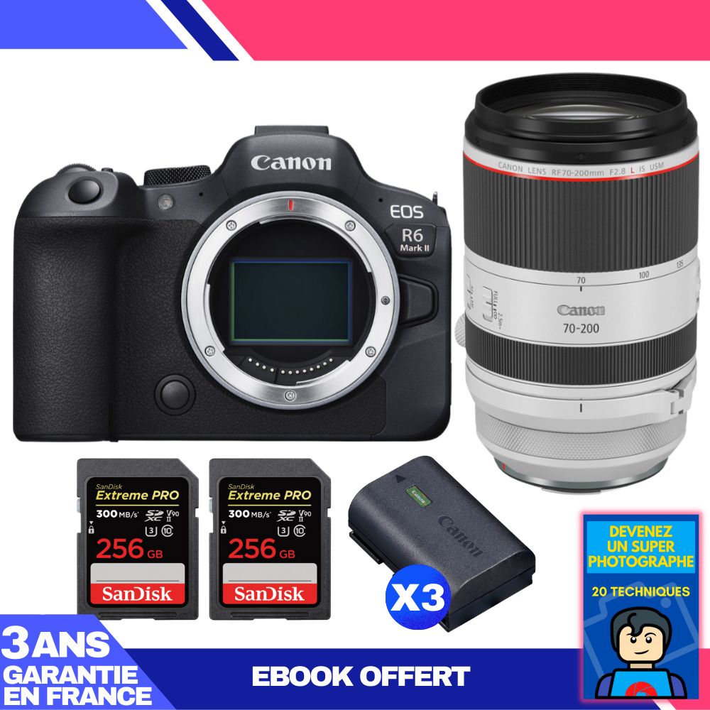 Canon EOS R6 Mark II + RF 70-200mm f/2.8 L IS USM Lens + 3x SanDisk 256GB Extreme PRO UHS-II SDXC Cards + 3x Canon LP-E6NH Batteries + 'Become a Super Photographer' Ebook